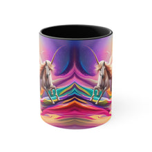 Load image into Gallery viewer, Imaginary Pink Pastel Jumping Unicorn with Beautiful Mane Facing Off into a Sea of Vibrant Colors Accent Coffee 11oz Mug AI Generated Image