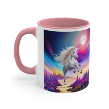 Load image into Gallery viewer, Imaginary Unicorns in a Sea of Butterflies with Beautiful Mane Facing Off at the Moon Vibrant Colors Accent Coffee 11oz Mug AI Generated Image