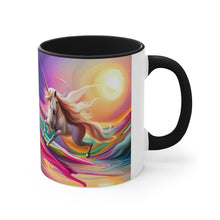 Load image into Gallery viewer, Imaginary Pink Pastel Jumping Unicorn with Beautiful Mane Facing Off into a Sea of Vibrant Colors Accent Coffee 11oz Mug AI Generated Image