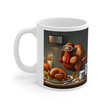 Load image into Gallery viewer, Thanksgiving Too Stuffed Candlelight Turkey All Dressed up and Nowhere to Go Ceramic Mug 11oz Left right