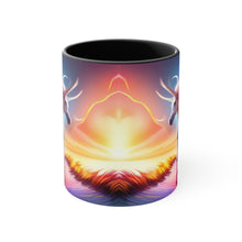 Load image into Gallery viewer, Imaginary Pink Pastel Unicorn with Beautiful Rainbow Facing Off as the Sky Explodes Vibrant Colors Accent Coffee 11oz Mug AI Generated Image