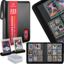 Load image into Gallery viewer, HEYKOVO Top Loader Binder I 253 Cards I with 20 Toploaders and 2 Stands I Black Carbon PU Toploader Binder holds 3x4 inch Baseball, Football, Sports, Pokemon, TCG, MTG Cards I Card Binder Top Loader