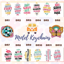 Load image into Gallery viewer, Groovy Peace Driving Motel Keychains – Retro Charm for Modern Adventures (DR1-DR12)