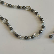 Load image into Gallery viewer, Clear Crystals & Gray Pearls 17.5” Elegant Handcrafted Swarovski Crystal Beaded Necklace Set