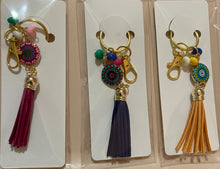 Load image into Gallery viewer, Handmade Gold Keyring with Blue Enamel Charm, Tassel & Beads – Stylish & Unique by Groovy61Vibes