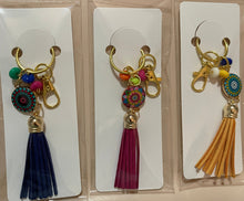 Load image into Gallery viewer, Handmade Gold Keyring with Blue Enamel Charm, Tassel & Beads – Stylish & Unique by Groovy61Vibes