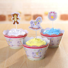 Load image into Gallery viewer, Baby Shower Toddler Rocking Horse Cupcake Wrappers and Picks for Baby Shower Party Decorations (Set of 12)