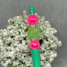 Load image into Gallery viewer, Decorative pen with pink and green beads on a white floral background