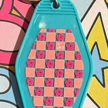 Load image into Gallery viewer, Pink blue Retro Motel Acrylic Message Keychain with checker print
