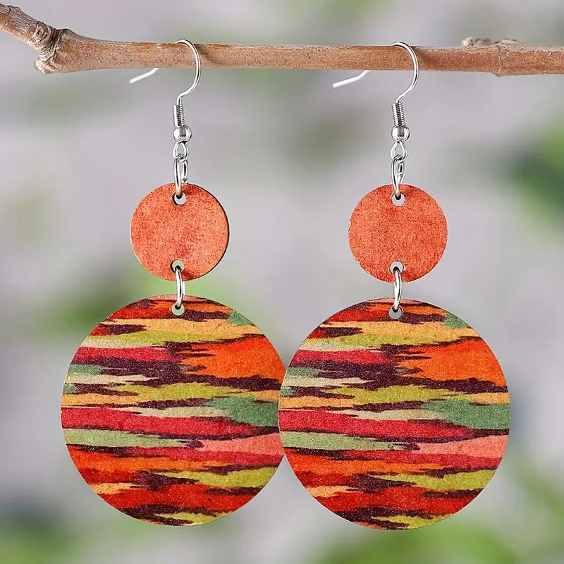 Colorful Stripped Wooden Water Print Double Round Dangle Earrings Bohemian Style