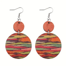 Load image into Gallery viewer, Colorful Stripped Wooden Water Print Double Round Dangle Earrings Bohemian Style
