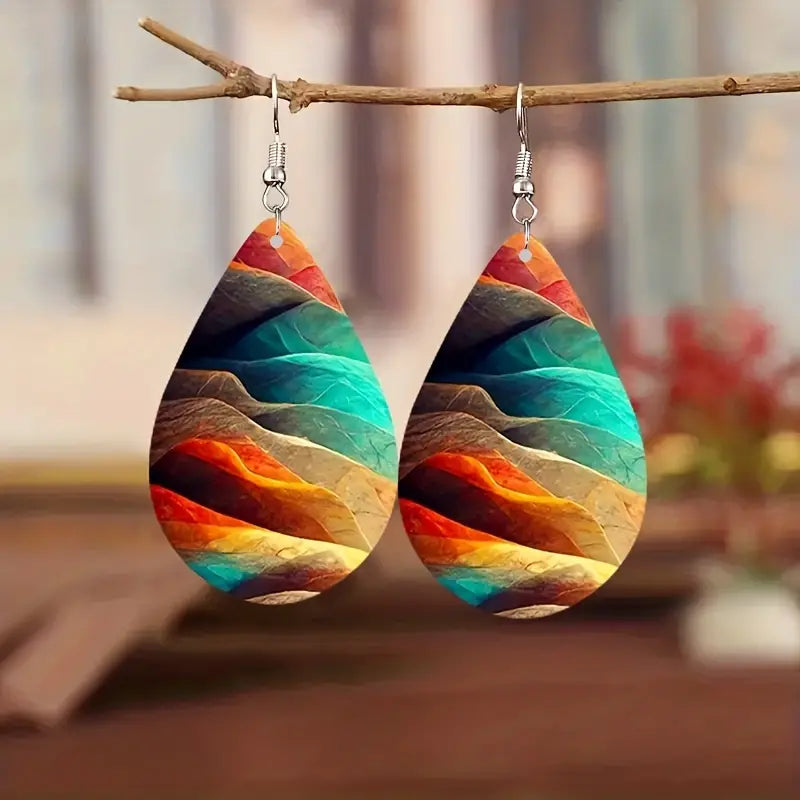 Colorful Wooden Water Print Teardrop Dangle Earrings Bohemian Style PU Leather