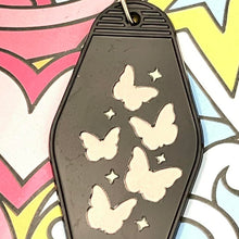 Load image into Gallery viewer, Black coffin Retro Motel Acrylic Message Keychain with pink butterflies