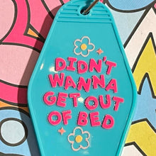 Load image into Gallery viewer, Blue Retro Motel Acrylic Message Keychain with pink text