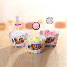 Load image into Gallery viewer, Happy Birthday Cupcake Wrappers and Picks for Birthday Party Decorations (Set of 12)