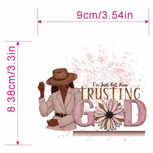 Load image into Gallery viewer, I'm Just Out Here Trusting God Design Trendy Iron-on Heat Transfer