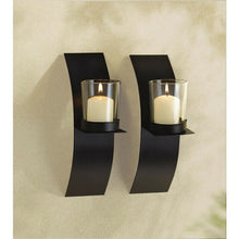 Load image into Gallery viewer, Mod-art Candle Sconce Duo Iron with Glass Cups 2 3/8" x 4 3/4" x 8" H