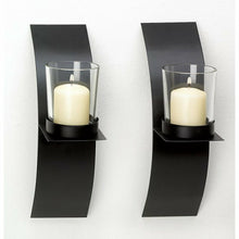 Load image into Gallery viewer, Mod-art Candle Sconce Duo Iron with Glass Cups 2 3/8" x 4 3/4" x 8" H