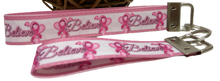 Load image into Gallery viewer, Breast Cancer BELIEVE GrosGrain Ribbon Wristlets Keychains Set