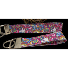 Load image into Gallery viewer, Mother & Daughter Groovy Pink Peace Sign Symbol White Dove 7/8" Grosgrain Keychain Wristlet Bracelets