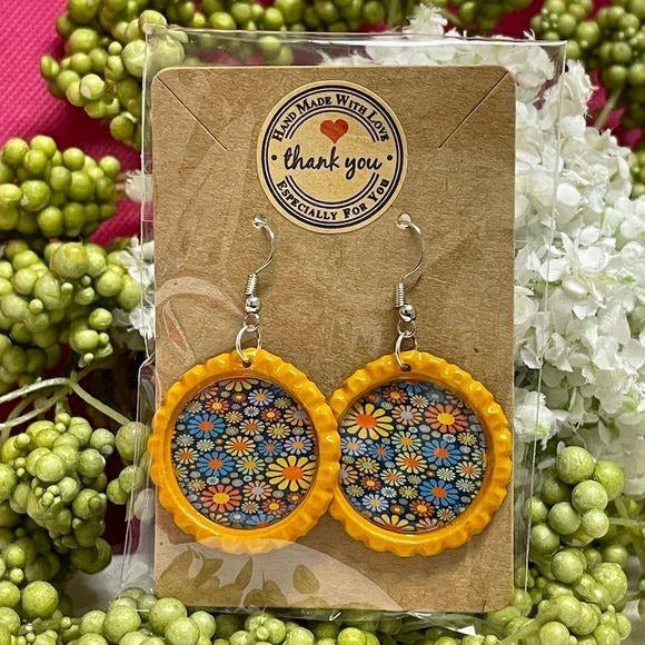 beer cap fish hooks Floral Blues Bottle Cap Retro 60's Dangle Fish-hook Earrings Handcrafted