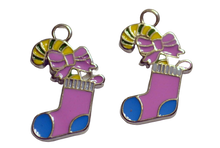 Load image into Gallery viewer, Pink &amp; Blue Christmas Stocking Christmas Holiday 2pc Enamel Charms Findings
