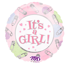 Load image into Gallery viewer, Baby Shower It's A Girl 18" Foil Mylar Balloon Safety Pin Design