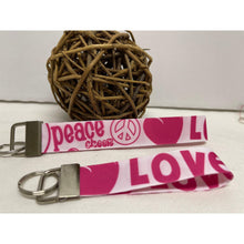 Load image into Gallery viewer, Mother & Daughter Groovy White Peace Signs Love Cheer 7/8" Ribbon Wristlet Keychain Bracelet