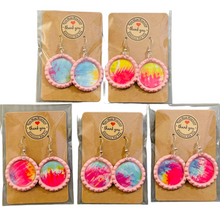 Load image into Gallery viewer, Fish-hook Bottle Cap Earrings Rainbow Psychedelic Tie Dyed Handcrafted