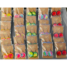 Load image into Gallery viewer, Fish-hook Bottle Cap Earrings Rainbow Psychedelic Tie Dyed Handcrafted