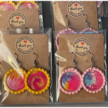 Load image into Gallery viewer, Fish-hook Bottle Cap Earrings Rainbow Psychedelic Tie Dyed Handcrafted