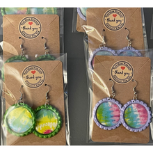 Load image into Gallery viewer, Fish-hook Bottle Cap Earrings Rainbow Psychedelic Tie Dyed Handcrafted