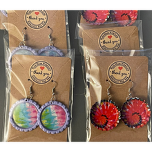 Load image into Gallery viewer, Fish-hook Bottle Cap Earrings Rainbow Psychedelic Tie Dyed Handcrafted