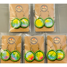 Load image into Gallery viewer, Fish-hook Bottle Cap Earrings Rainbow Psychedelic Tie Dyed Handcrafted