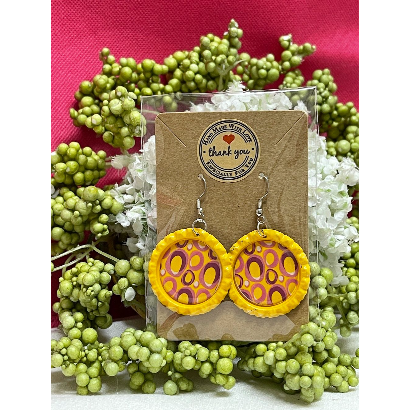 bottle cap fish hooks Abstract Circles Bottle Cap Retro 60's Dangle Fish-hook Earrings Handc – Groovy61crafts