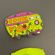 Load image into Gallery viewer, Peace Sign 60s Lime Green Flower Power Bus Van Shoe Charms for will fit in Clog type shoes with holes (Set of 2)