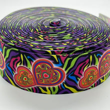 Load image into Gallery viewer, Hippie Black Psychedelic Love Hearts 1.5" Ribbon Sold by the yard