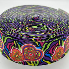 Load image into Gallery viewer, Hippie Black Psychedelic Love Hearts 1.5&quot; Ribbon Sold by the yard
