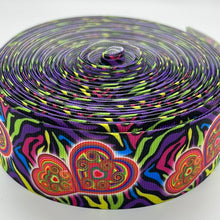 Load image into Gallery viewer, Hippie Black Psychedelic Love Hearts 1.5" Ribbon Sold by the yard