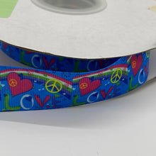 Load image into Gallery viewer, Hippie Love Peace Blue Rainbow Hearts 7/8&quot; Ribbon 3 yards
