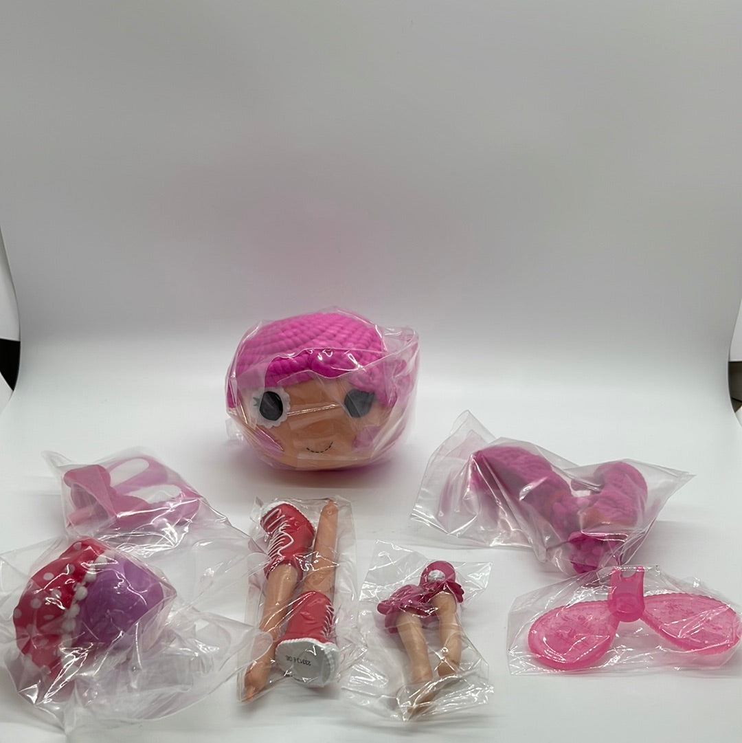 Doll with pink hair and sales button eyes