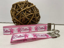 Load image into Gallery viewer, Breast Cancer BELIEVE GrosGrain Ribbon Wristlets Keychains Set
