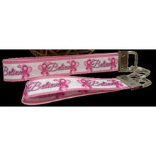 Load image into Gallery viewer, Mother & Daughter Pink White Breast Cancer Believe 7/8" Ribbon Keychain Wristlet Bracelet