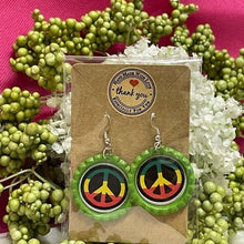 Load image into Gallery viewer, Reggae Peace Symbol Green Bottle Cap Retro 60's Dangle Fish-hook Earrings Handcrafted