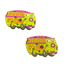 Load image into Gallery viewer, Peace Sign 60s Lime Green Flower Power Bus Van Shoe Charms for will fit in Clog type shoes with holes (Set of 2)
