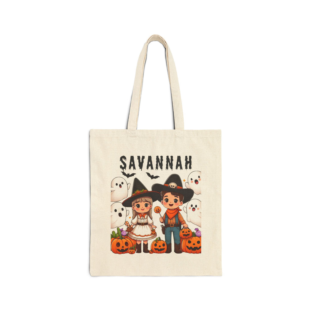 Custom Customize Trick-or-Treat Halloween Kids Bats Cowboy & Cowgirl Cotton Canvas Tote Bag 15