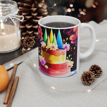 Load image into Gallery viewer, Happy Birthday Rainbow Cake Celebration #27 Ceramic 11oz Mug AI-Generated Artwork
