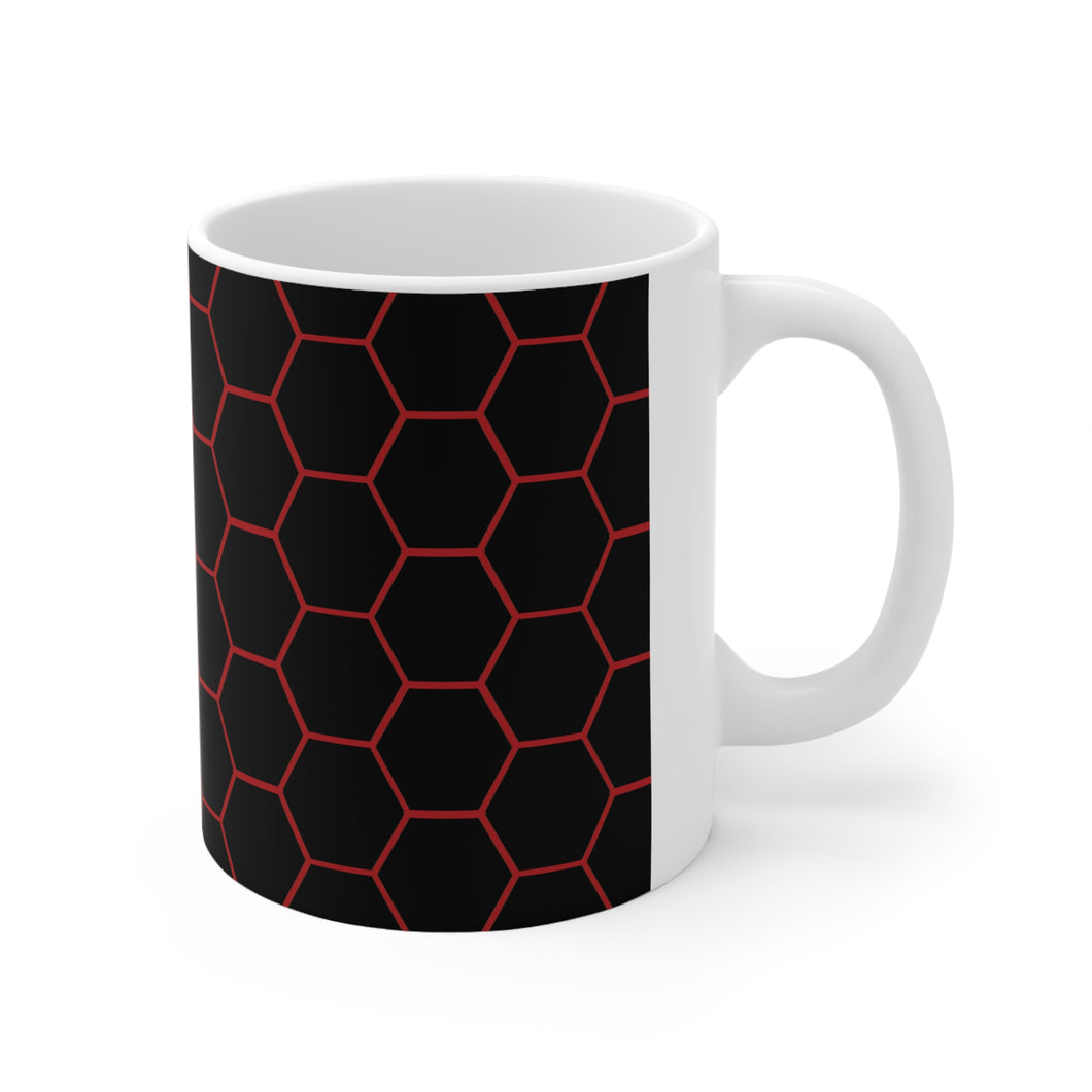 Beehive Honeycomb Pattern Red & Black Ceramic Mug 11oz Design Wrap-a-round