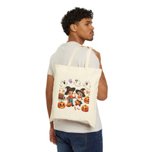 Load image into Gallery viewer, Trick-or-Treat Halloween Kids Witch Cowboy &amp; Cowgirl Cotton Canvas Tote Bag 15&quot; x 16&quot; Spooky Ghost, Jack-O-Lantern,  Candy Cones Candy
