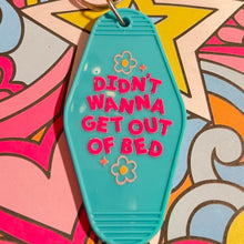 Load image into Gallery viewer, Blue Retro Motel Acrylic Message Keychain with pink text
